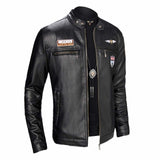 Men Slim Fit Genuine Leather Jacket With Zipper Pocket In Black