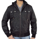 Solo Bomber Jacket With Fixed Hoodie in Black Color - Leather Jacket - Leather Jacket