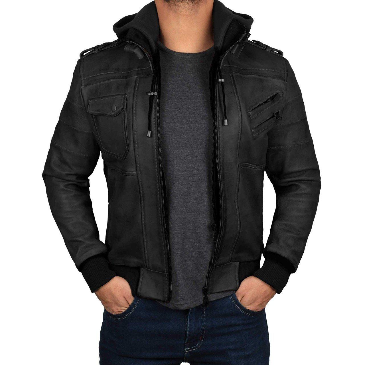 Black Hooded Leather Jacket - Leather Jacket