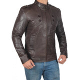 Button Pocket Premium Slim Fit Belted Collar Dark Brown Leather Jacket - Leather Jacket