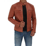 Cafe Racer Men Tan Leather Jacket - Leather Jacket