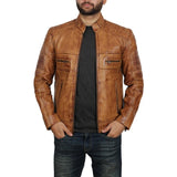 Distressed Brown Cafe Racer Leather Jacket Men - Leather Jacket