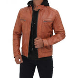 Men Tan Hooded Leather Jacket - Leather Jacket