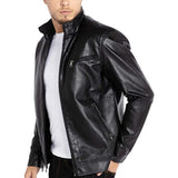 Men Stand Collar Leather Motorcycle Jacket Black - Leather Jacket