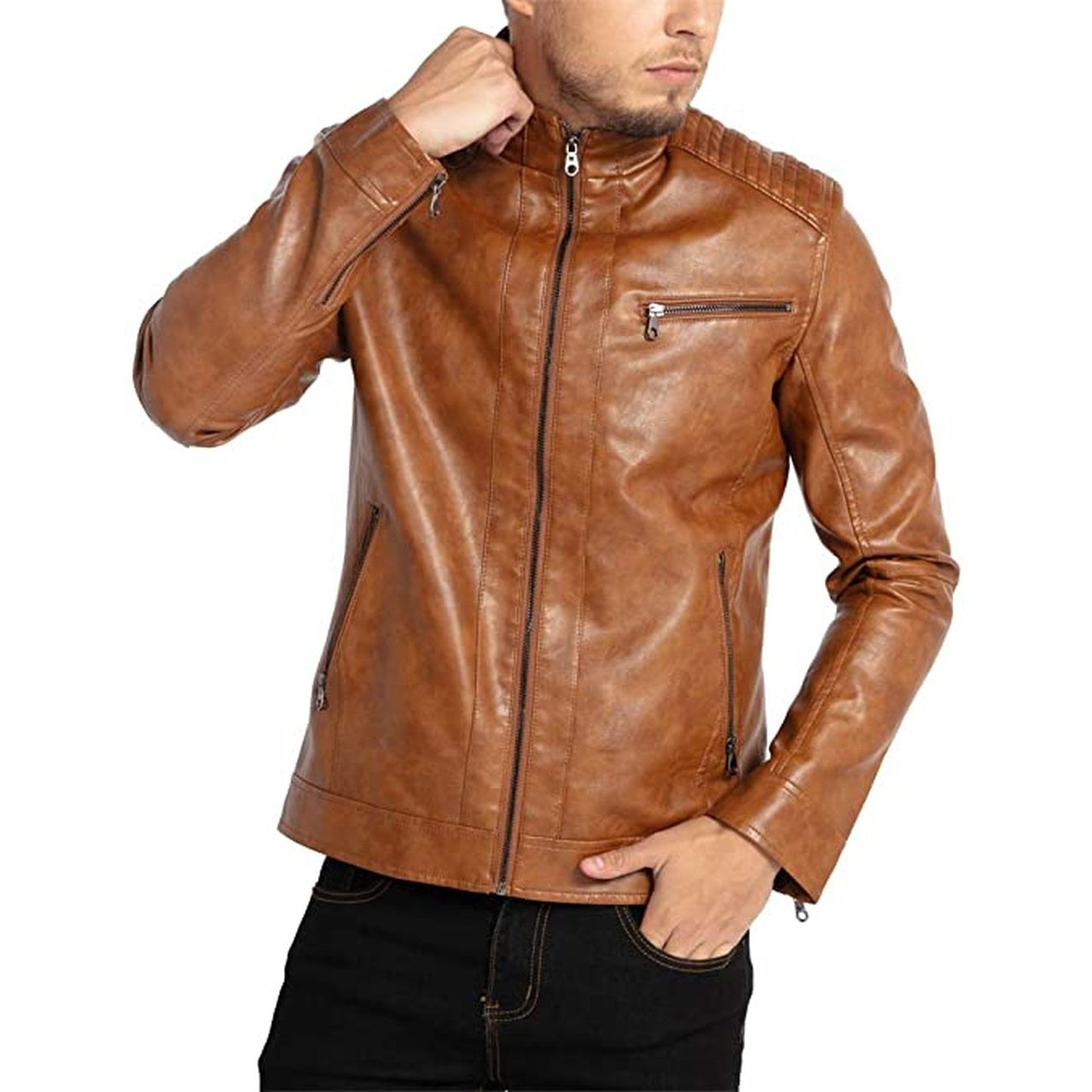 Men Stand Collar Leather Motorcycle Jacket Brown - Leather Jacket