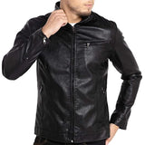Men Stand Collar Leather Motorcycle Jacket Outwear Black - Leather Jacket
