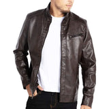 Men Stand Collar Lining Leather Jacket Motorcycle Coffee - Leather Jacket
