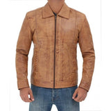 Casual Stylish Camel Brown Fitted Biker Leather Mens Jacket - Leather Jacket