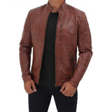 Men Tan Quilted Leather Motorcycle Jacket - Leather Jacket