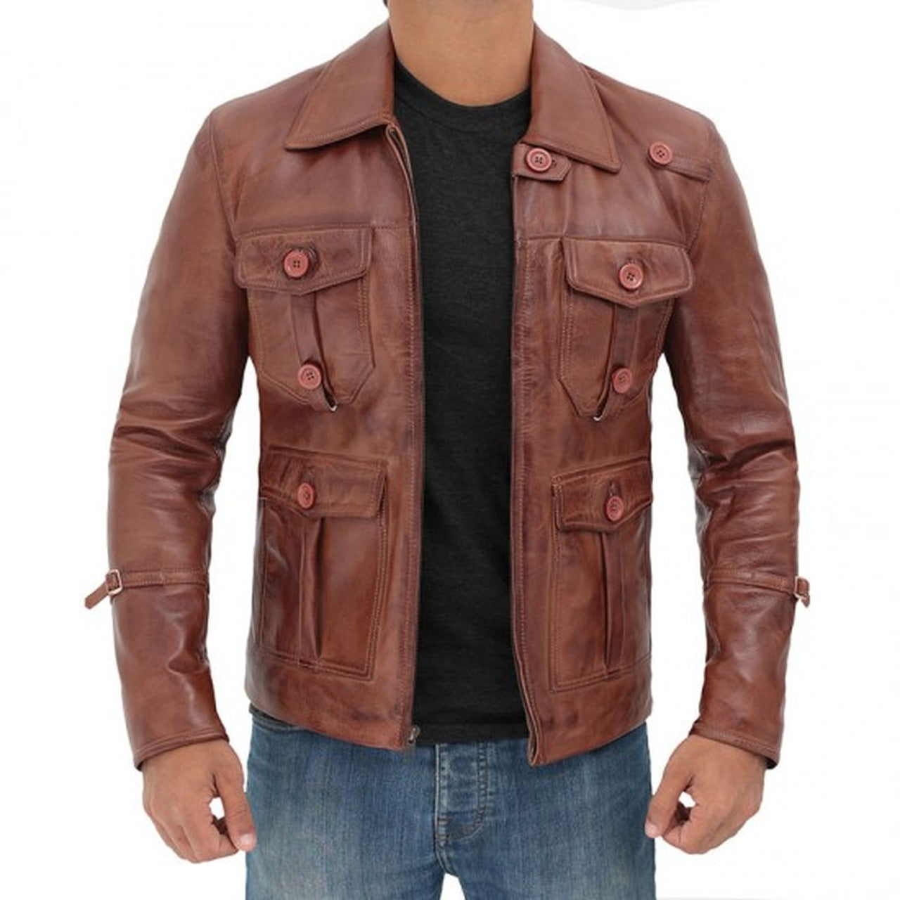 Men Vintage Four Pockets Distressed Brown Leather Jacket - Leather Jacket
