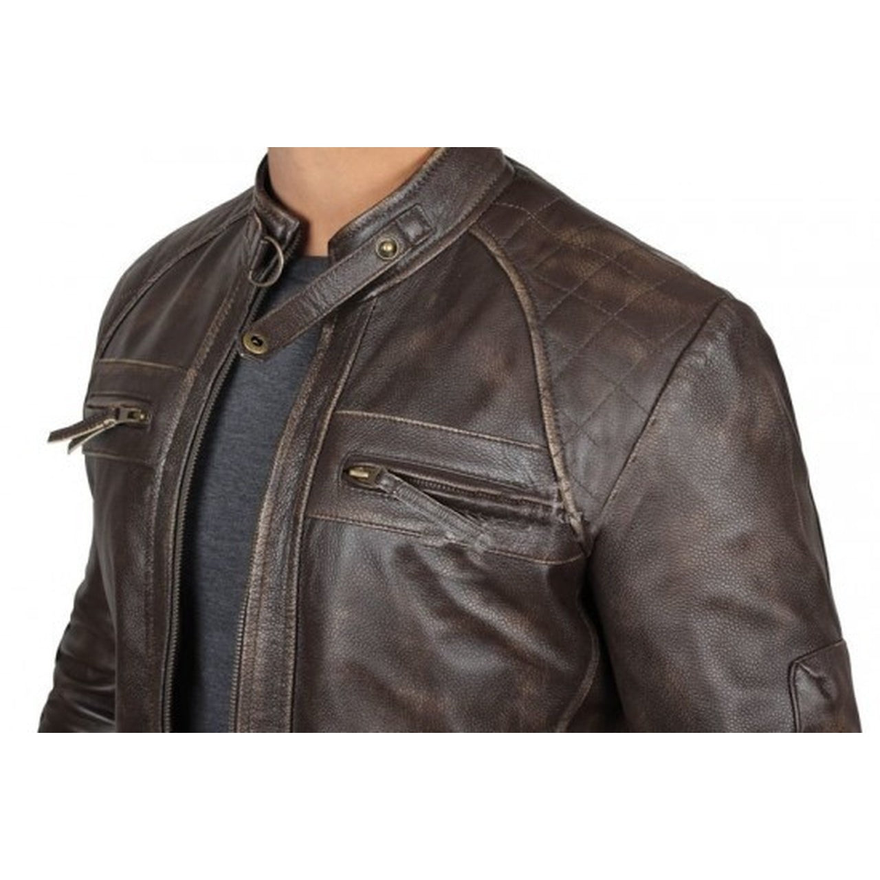 Quilted Distressed Brown Leather Jacket Men - Leather Jacket