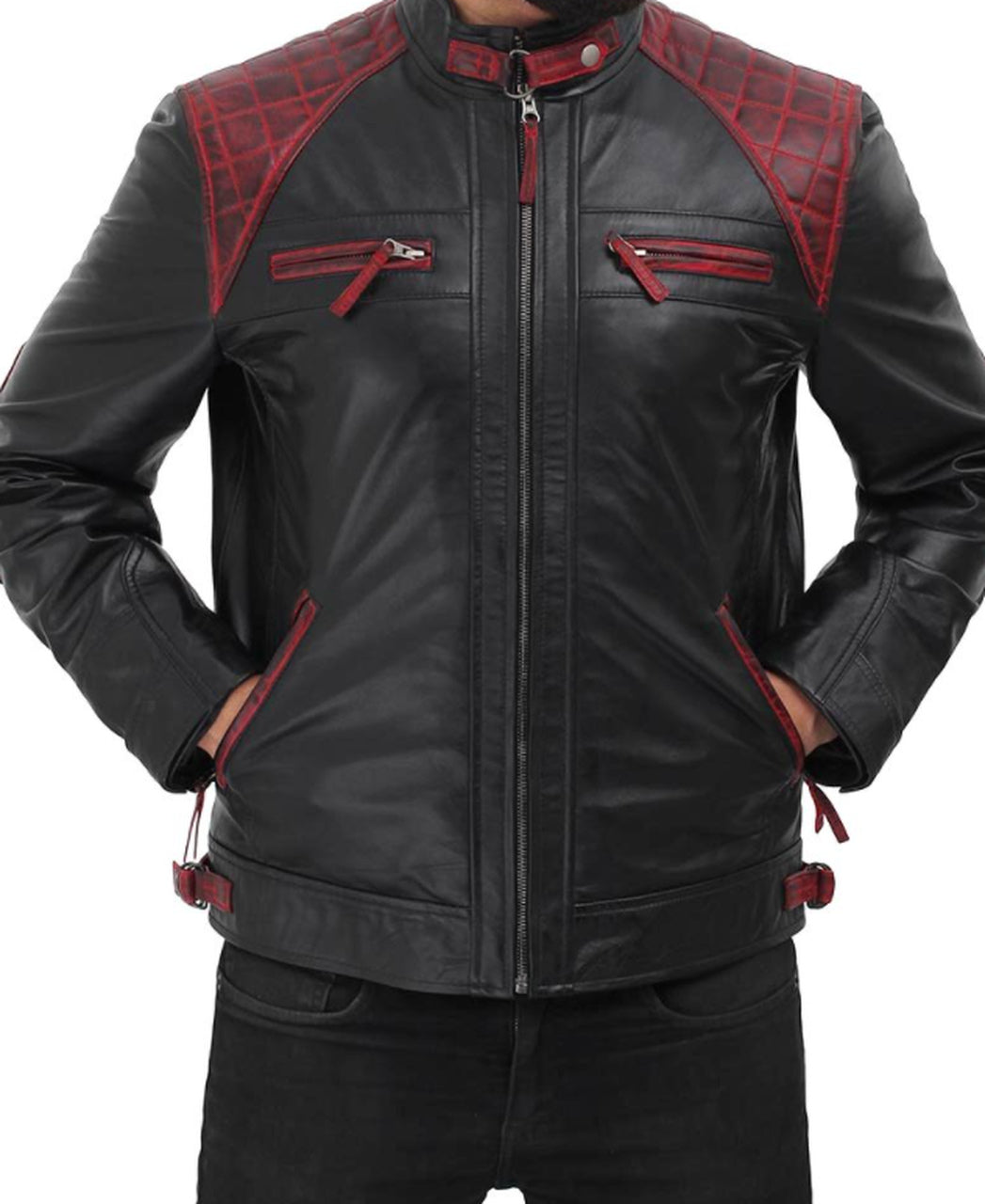Men Black Genuine Leather Jacket With Stlyish Red Padding