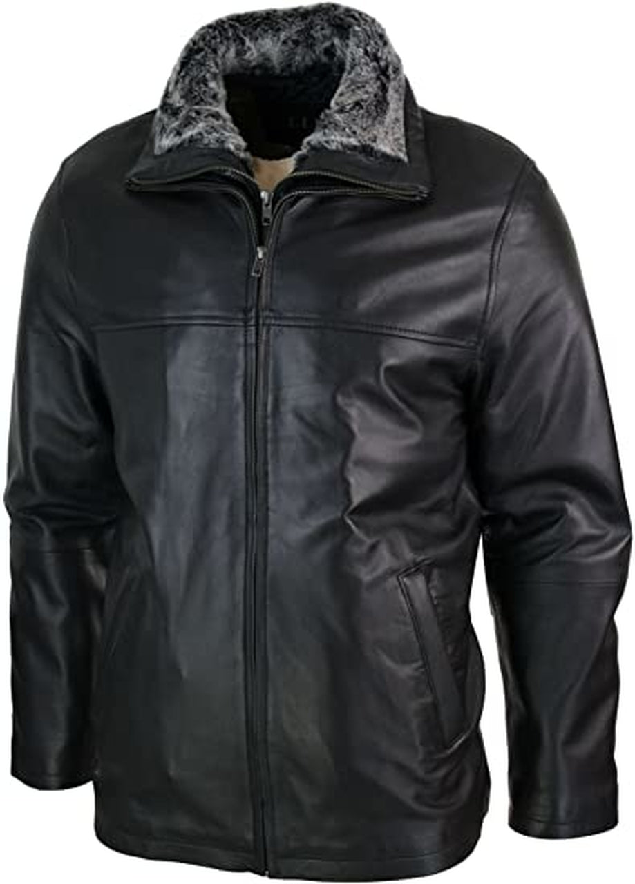 Men Classic Double Zip Fur Genuine Sheepskin Leather Jacket Black