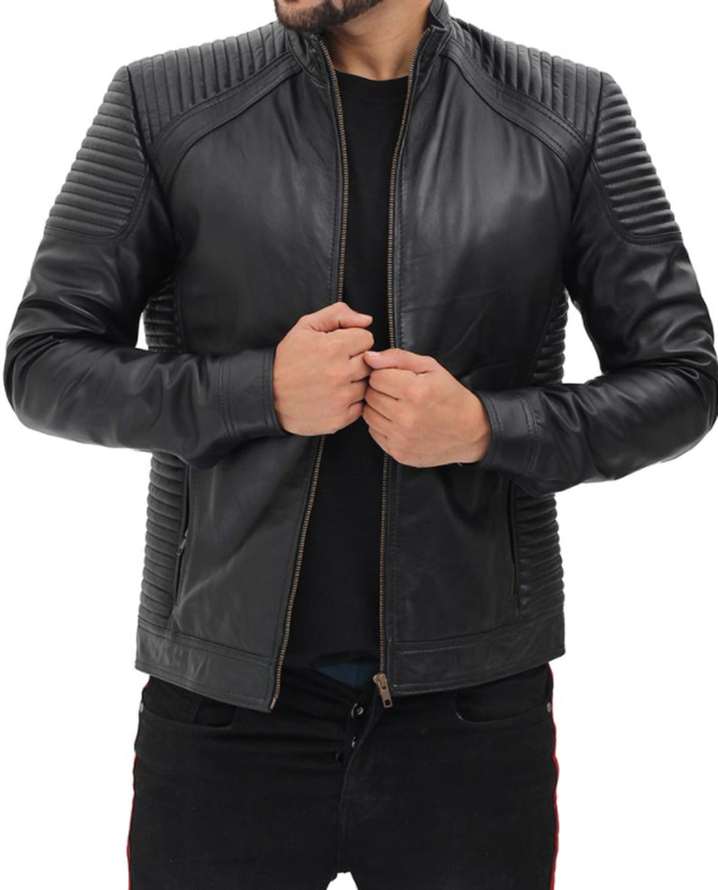 Men Fitted Geniune Leather Jacket With Shoulder Lining Padding