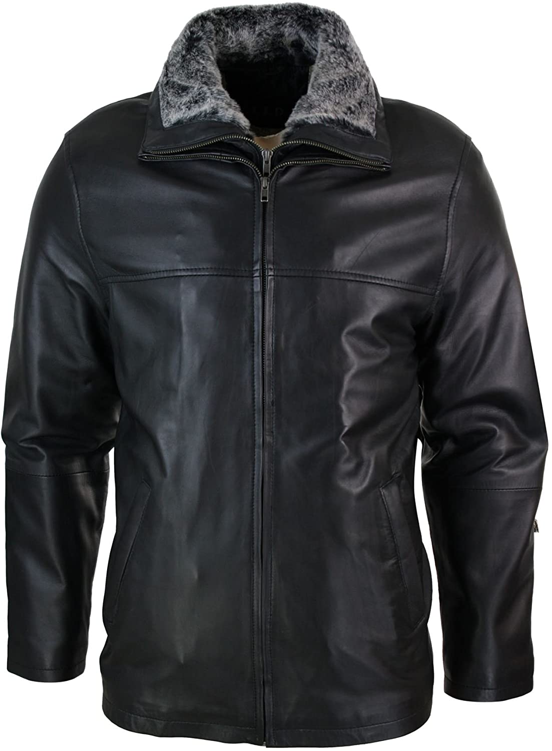 Men Classic Double Zip Fur Genuine Sheepskin Leather Jacket Black