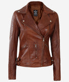 Asymmetrical Cognac Leather Motorcycle Jacket Womens