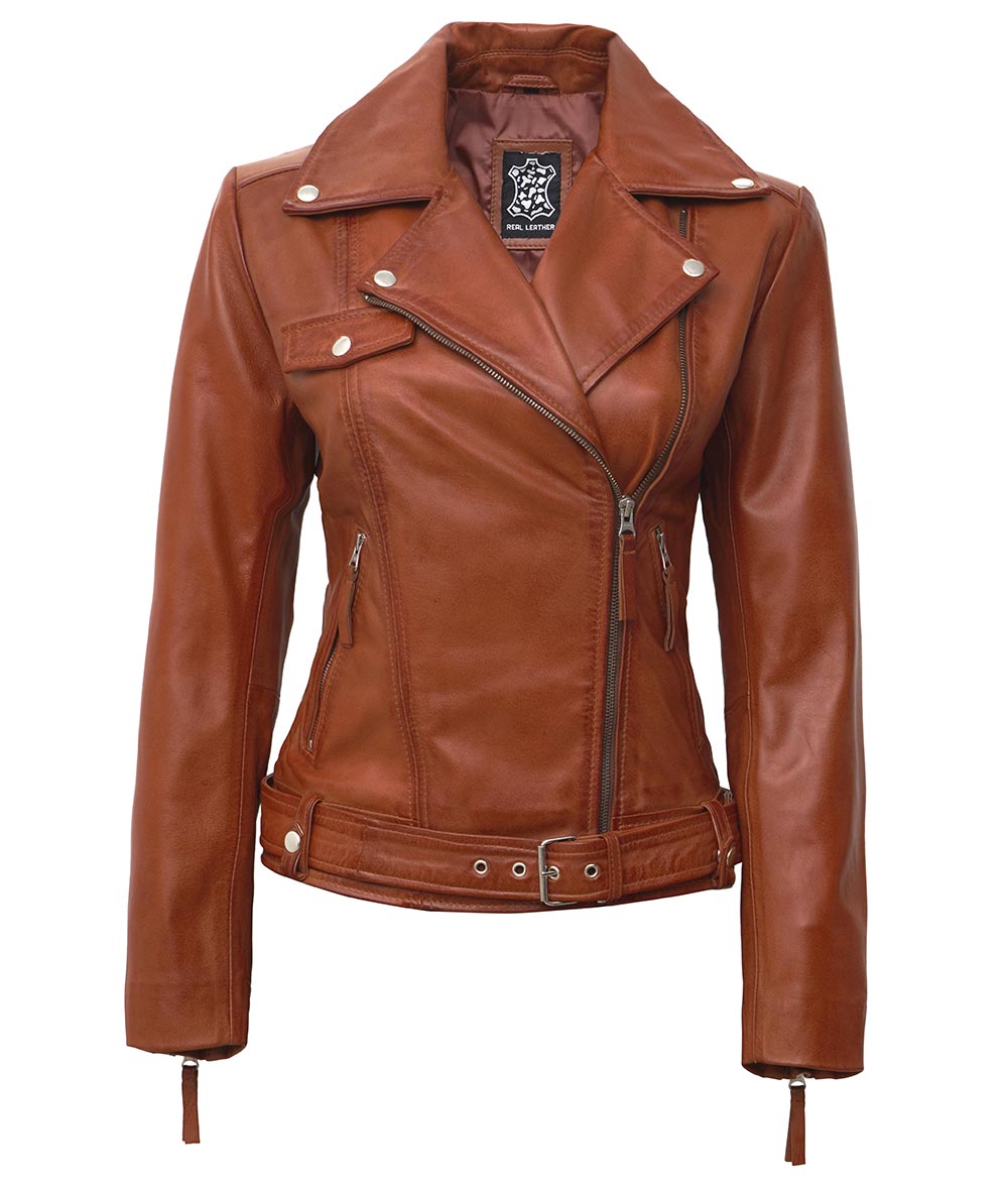 Brown Moto Leather Jacket Womens  Asymmetrical Style