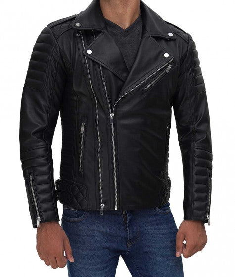 Mens Black Asymmetrical Quilted Leather Biker Jacket