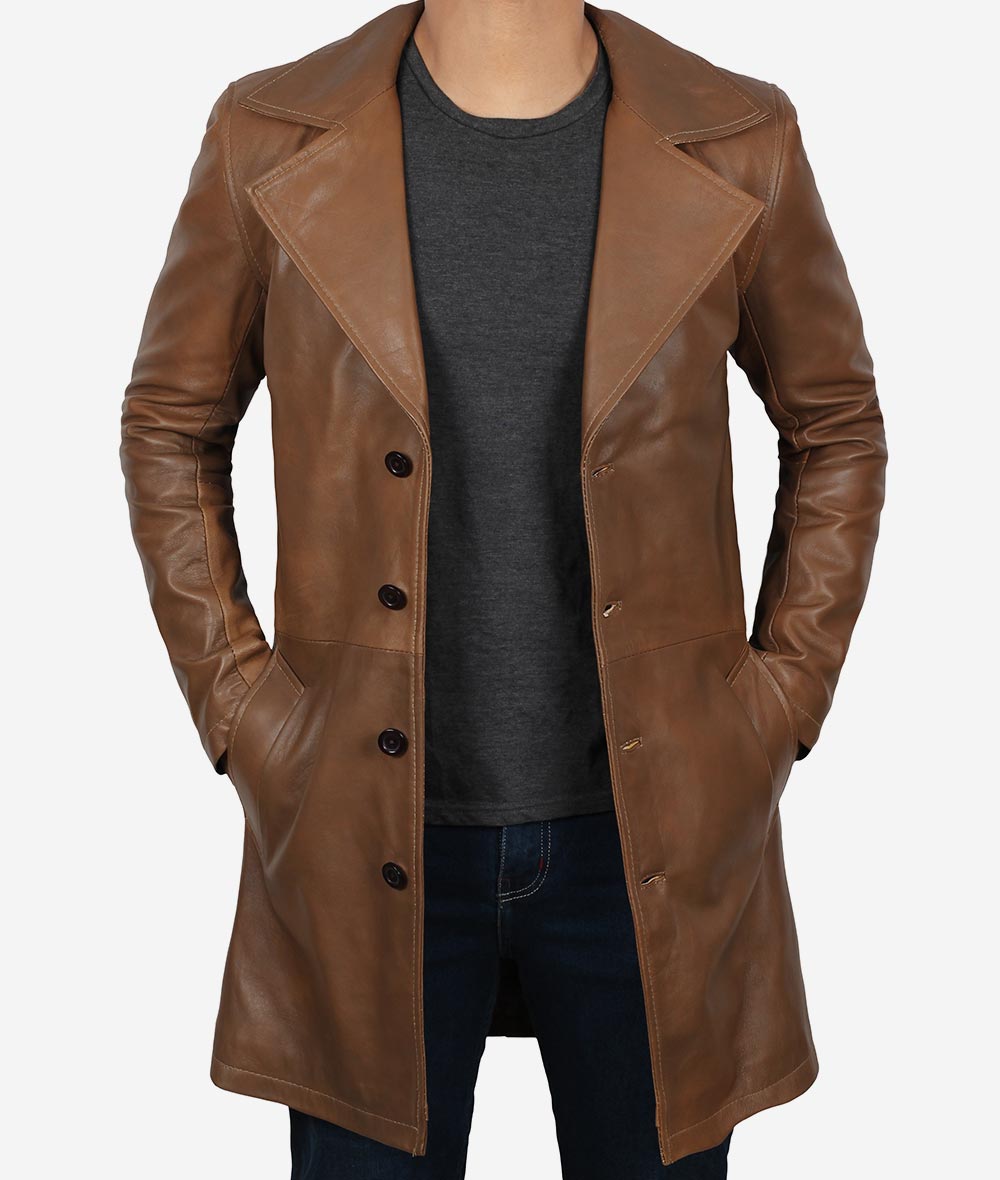 Brown 3 Quarter Real Lambskin Leather Mid Length Coat Mens