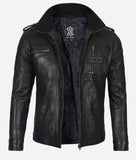 Mens Cafe Racer Washed Leather Jacket With Black Waxed