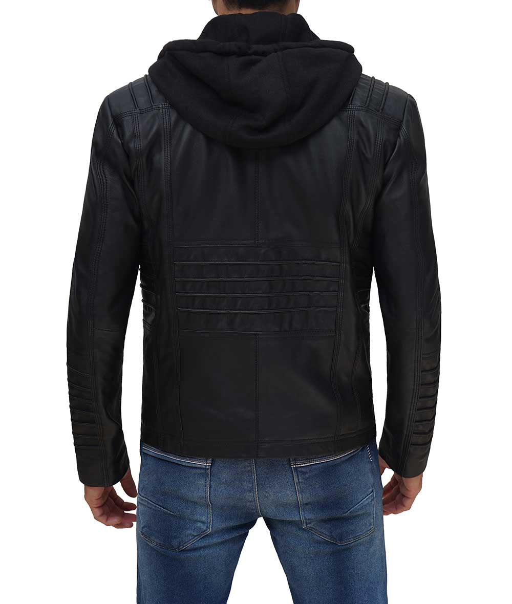 Helen Mens Black Leather Jacket with Removable Hood