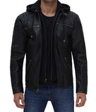 Helen Mens Black Leather Jacket with Removable Hood