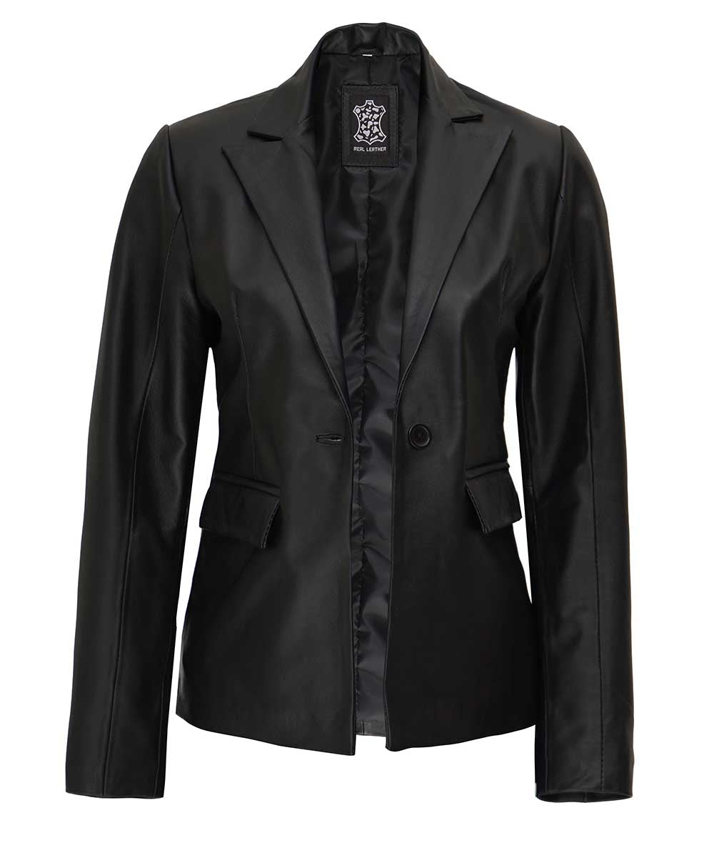 Black Leather Blazer Womens  One Button Coat