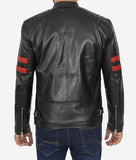 Mens Black Quilted Red Stripe Cafe Racer Leather Motorcycle Jacket