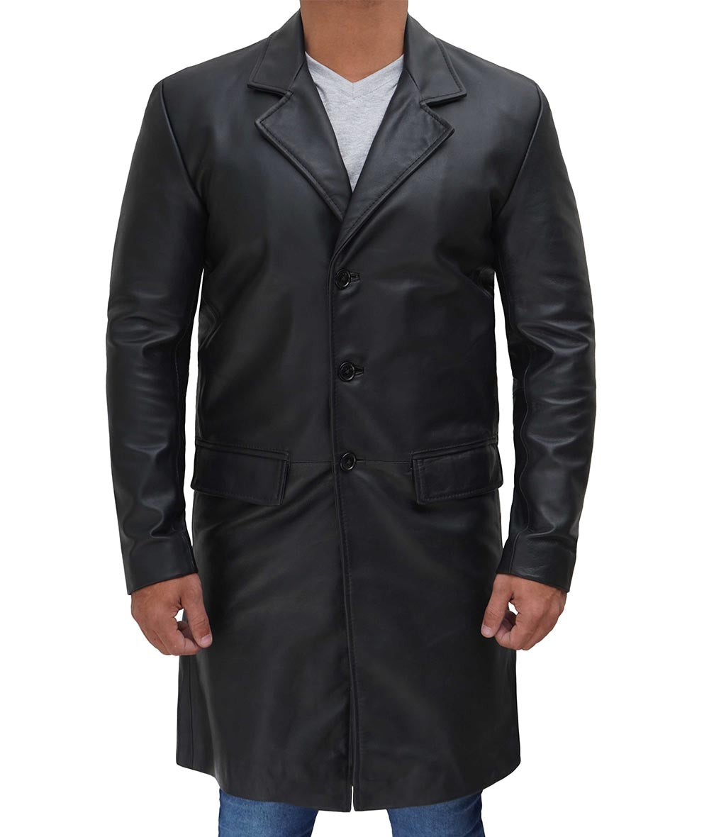 Black Cowhide Leather Coat With Wide Lapel