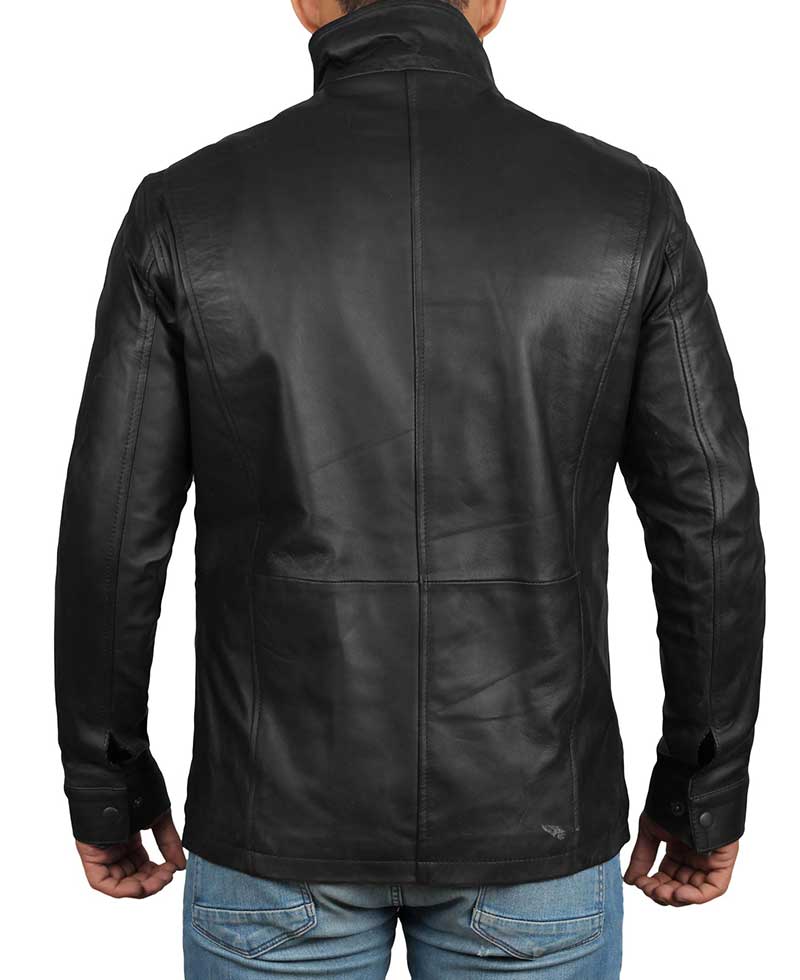 Richards Mens Upright Collar Black Lambskin Leather Jacket