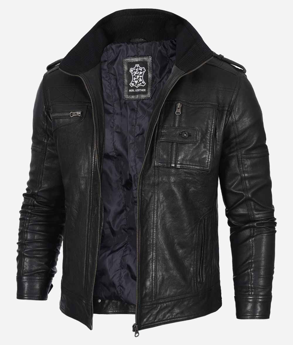 Mens Cafe Racer Washed Leather Jacket With Black Waxed
