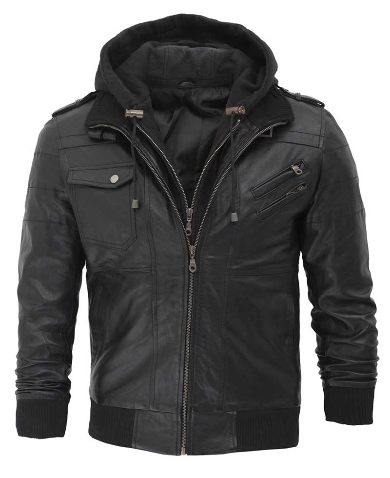 Edinburgh Mens Black Leather Jacket with Removable Hood