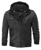 Edinburgh Mens Black Leather Jacket with Removable Hood