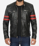 Mens Black Quilted Red Stripe Cafe Racer Leather Motorcycle Jacket