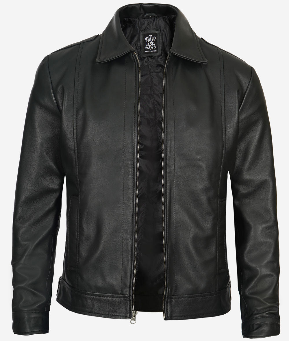 Reeves Black Shirt Collar Vintage Black Leather Jacket