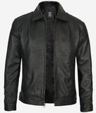 Black Snap Button Collar Cowhide Jacket Mens
