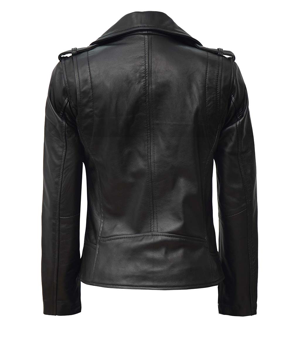Black Asymmetrical Leather Motorcycle Jacket For Women