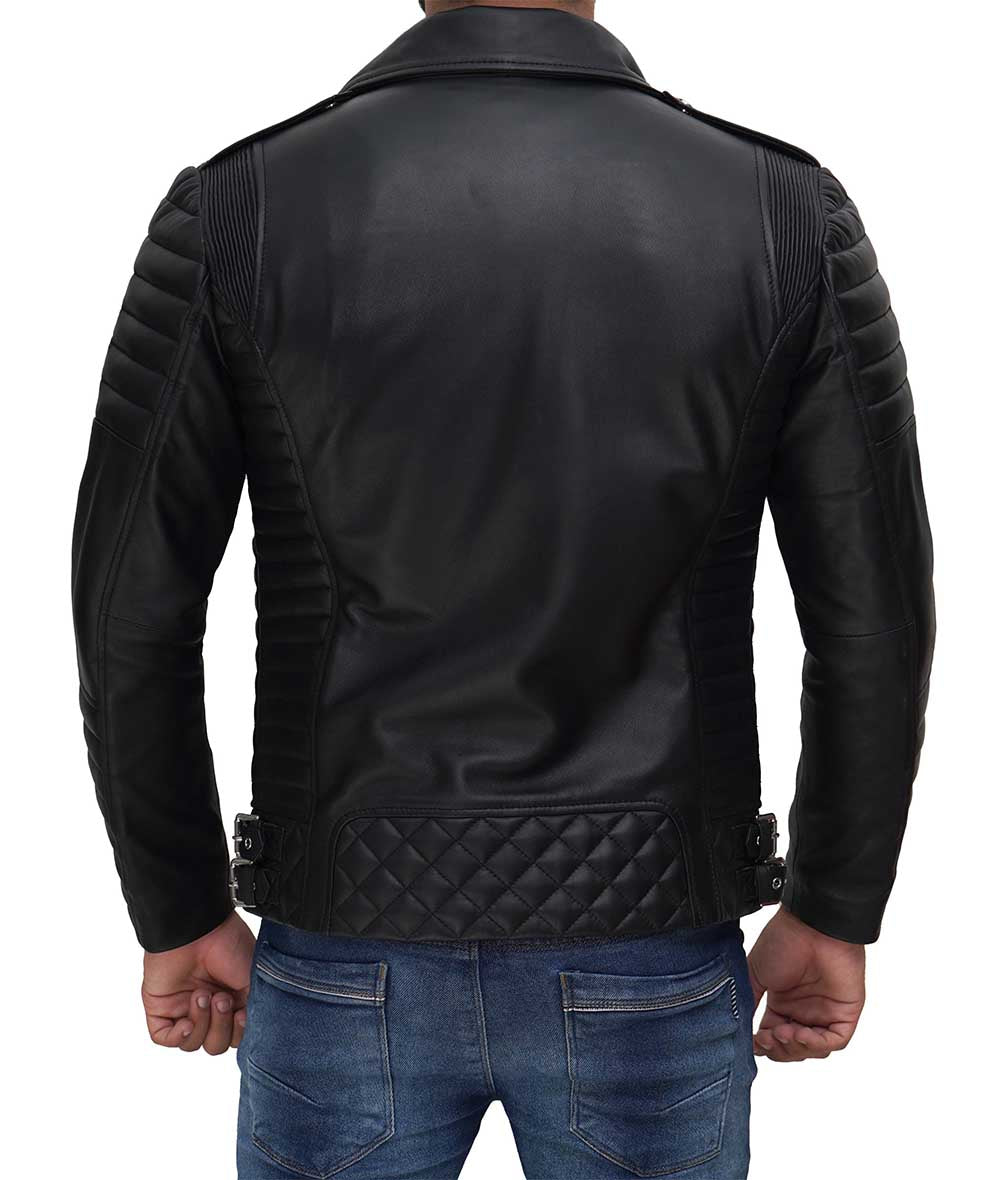 Mens Black Asymmetrical Quilted Leather Biker Jacket