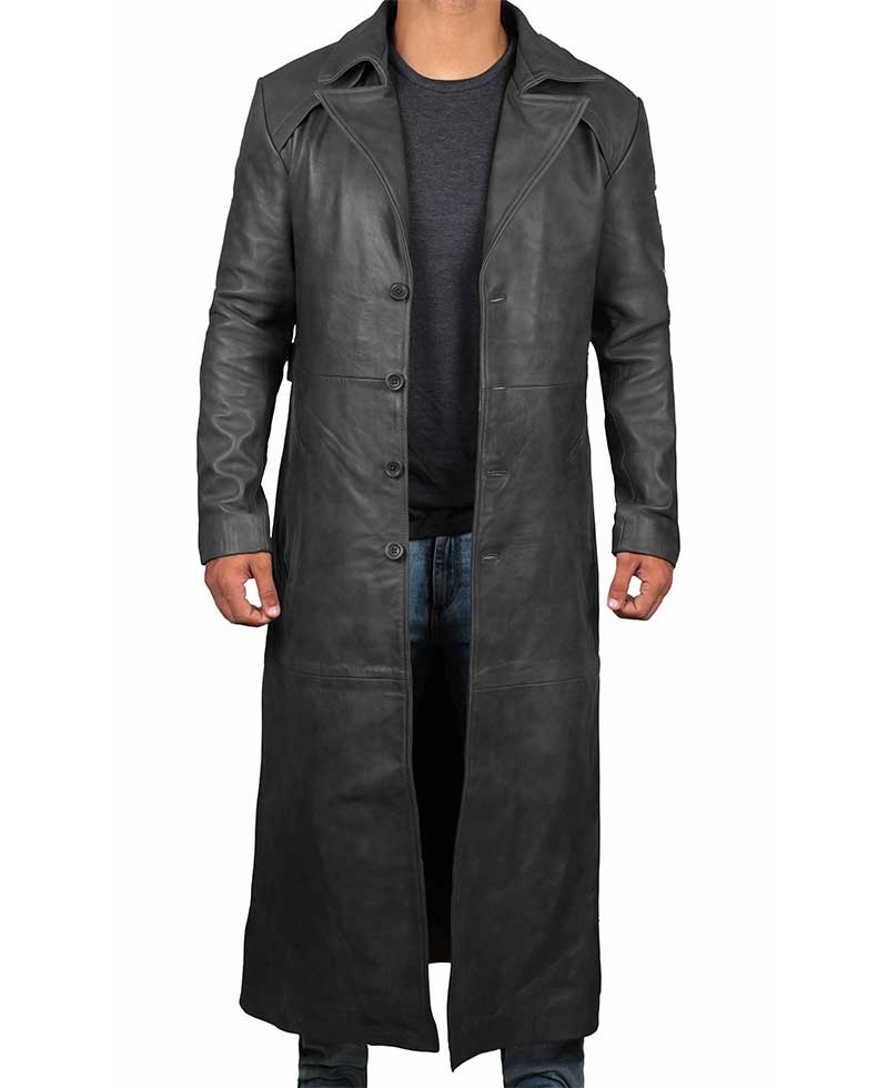 Mens Leather Black Winter Trench Coat Full Length Overcoat