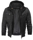 Edinburgh Mens Black Leather Jacket with Removable Hood