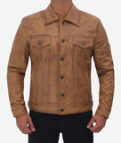 Fernando Camel Leather Trucker Jacket Mens