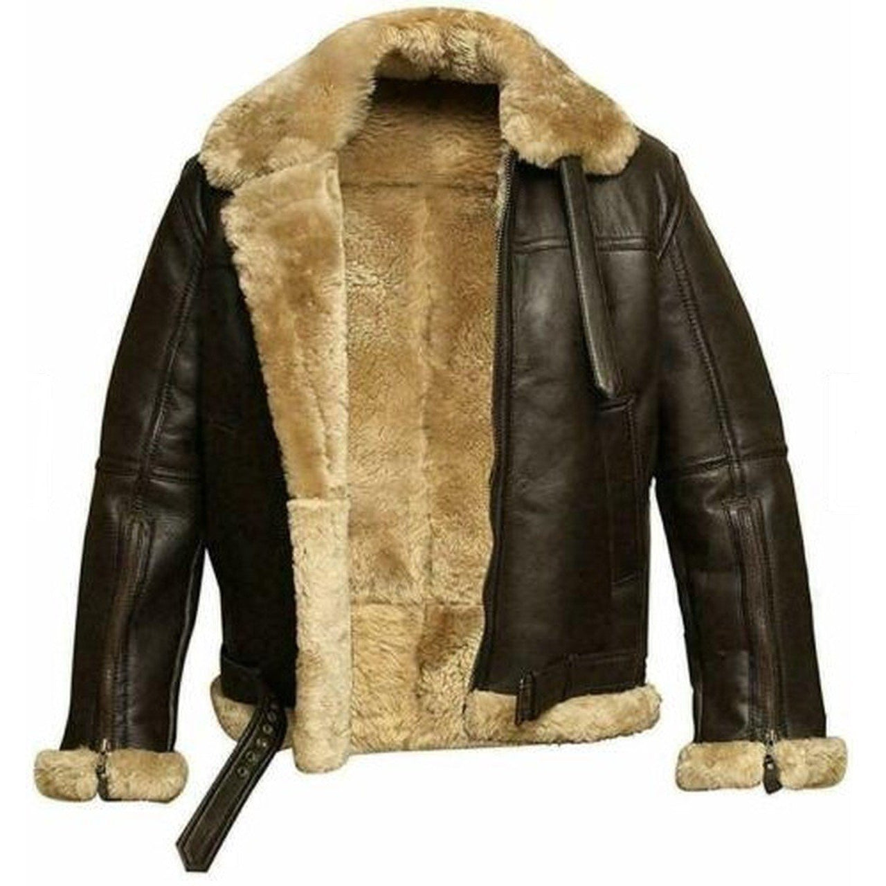 Dark Brown Fur Bomber Shearling Sheepskin Leather Jacket Men - Leather Jacket