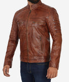 Austin Mens Distressed Brown Leather Cafe Racer Jacket