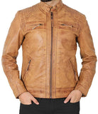 Johnson Quilted Distressed Camel Leather Jacket Mens