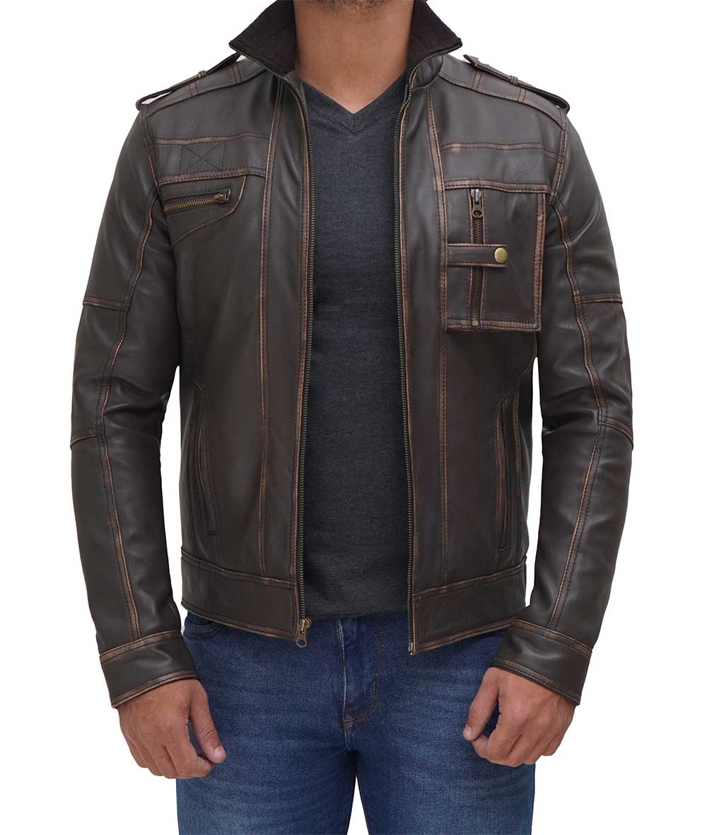 Tavares Ruboff Vintage Brown Distressed Leather Jacket Men