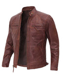 Mens Biker Distressed Brown Quilted Leather Jacket
