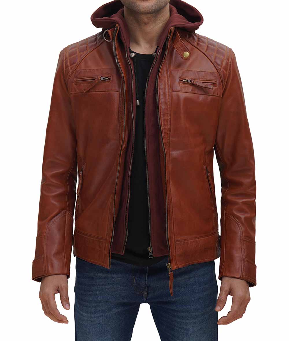 Johnson Mens Brown Leather Jacket With Removable Hood