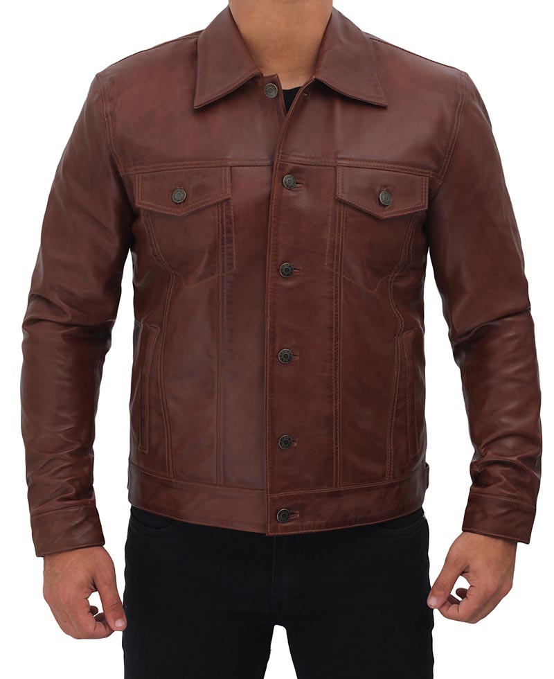 Fernando Real Leather Brown Trucker Jacket Mens