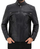 Black Mens Leather Cafe Racer Jacket with Snap Button Collar