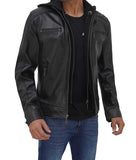 Black Hooded Cafe Racer Leather Jacket Mens